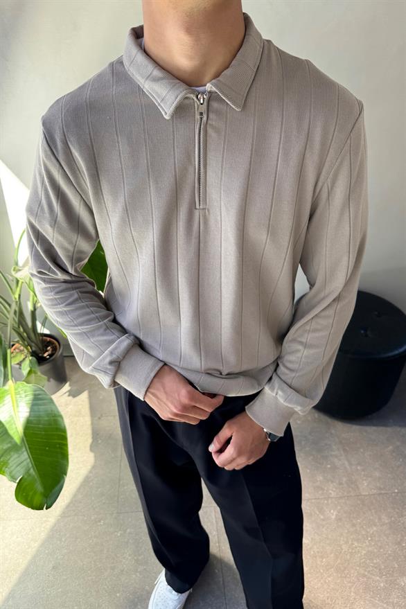 Half Zip Bej Polo Yaka Sweat