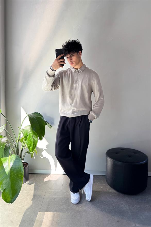 Half Zip Bej Polo Yaka Sweat