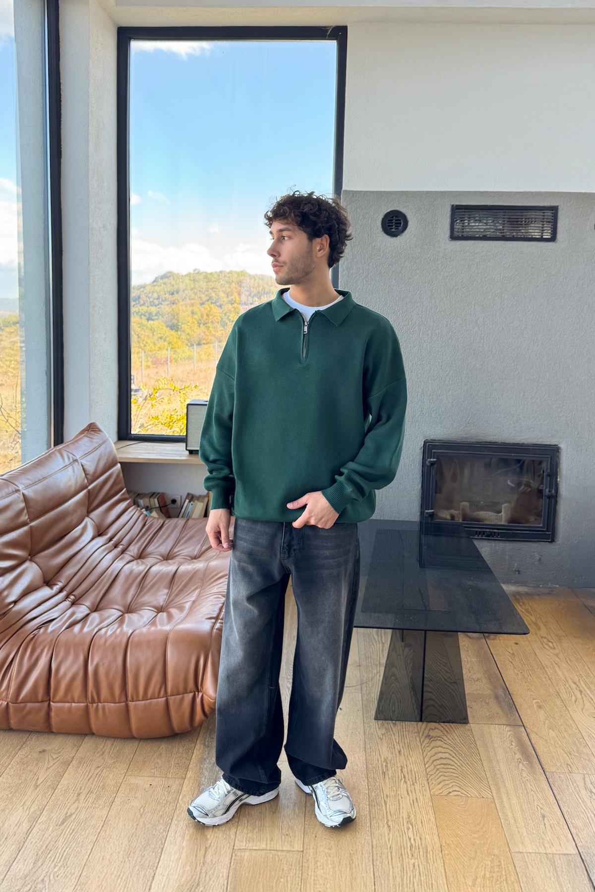 Half Zip Triko Kazak Yeşil
