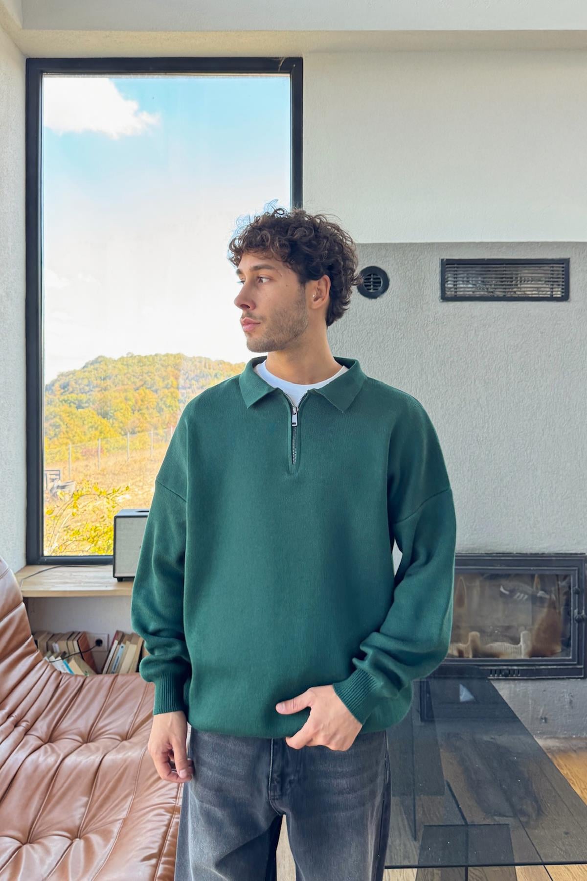Half Zip Triko Kazak Yeşil