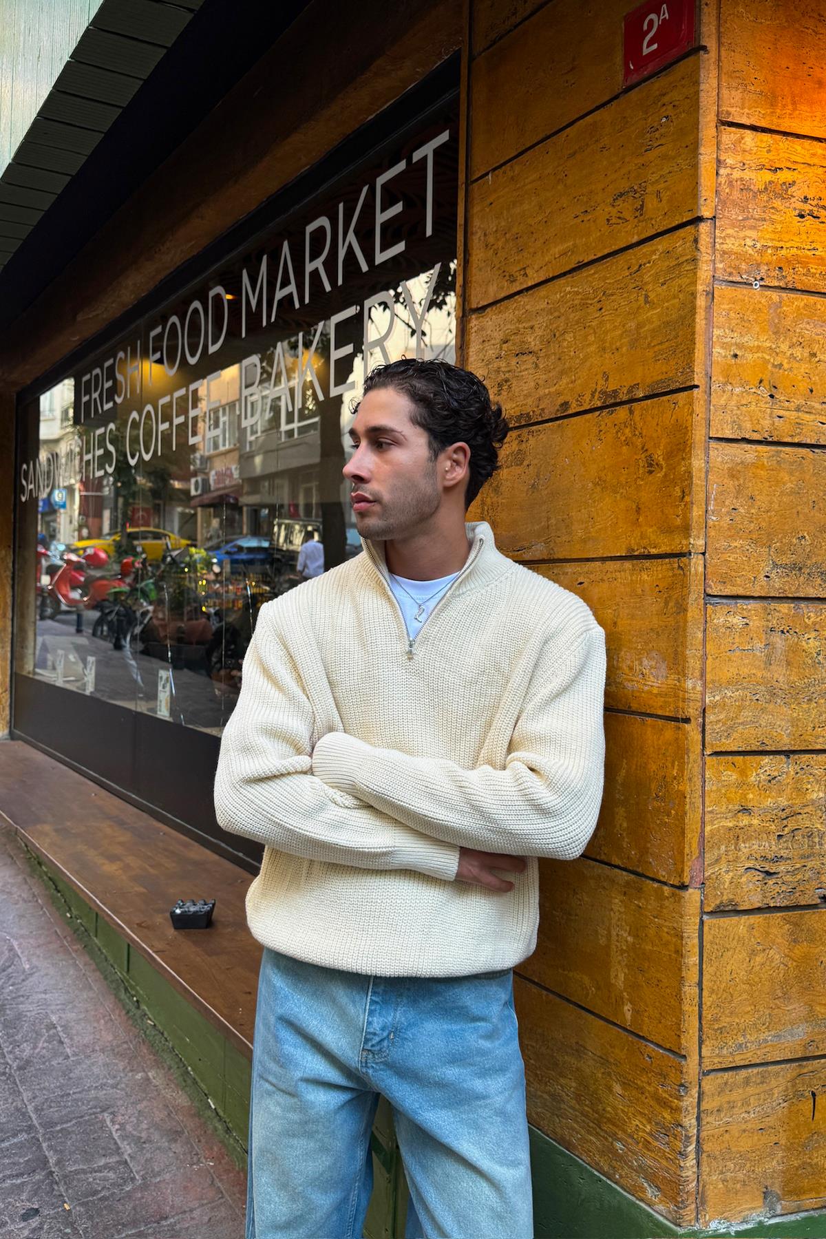 Half Zip Triko Kazak Bej