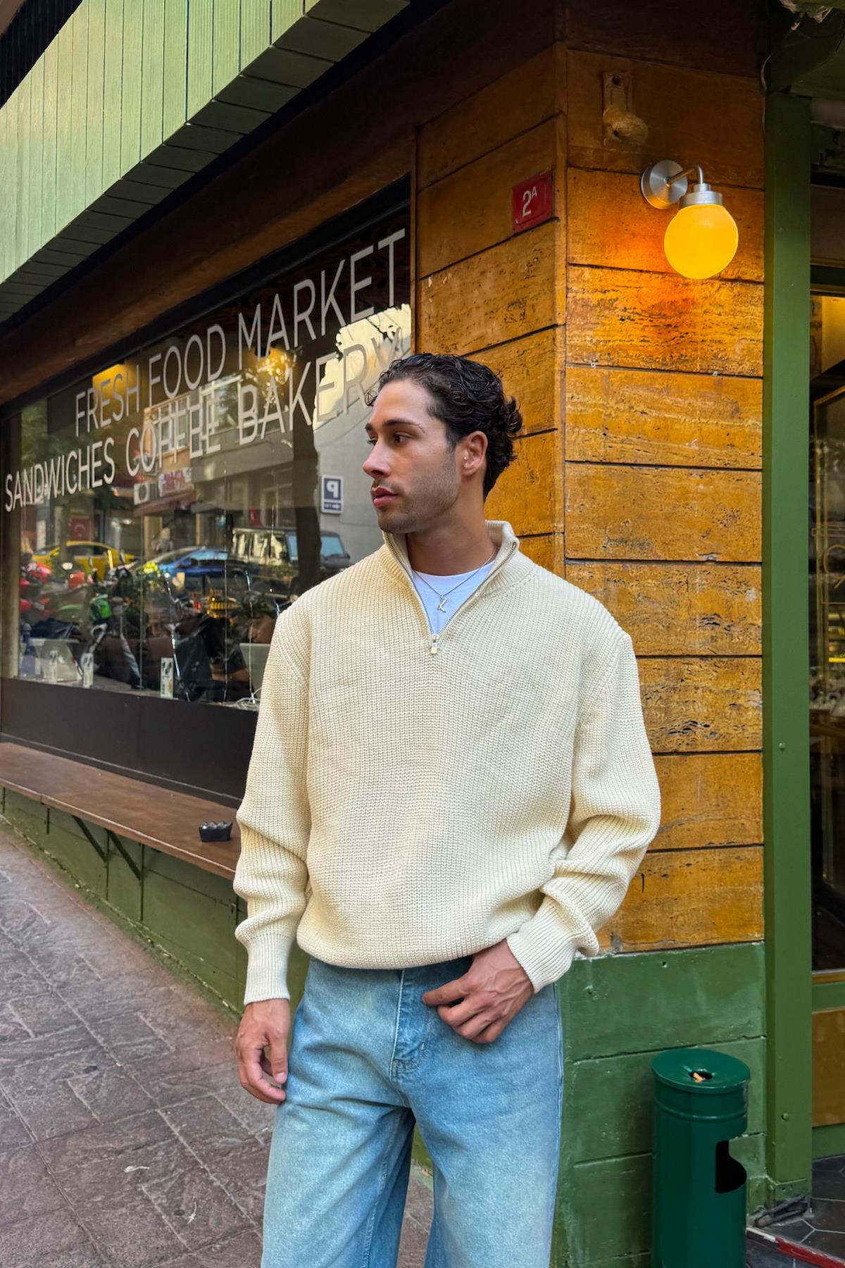 Half Zip Triko Kazak Bej