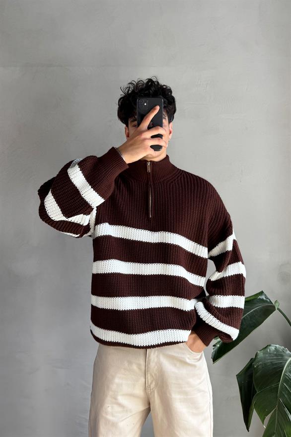 Half Zip Yarım Balıkçı Kahverengi Çizgili  Kazak