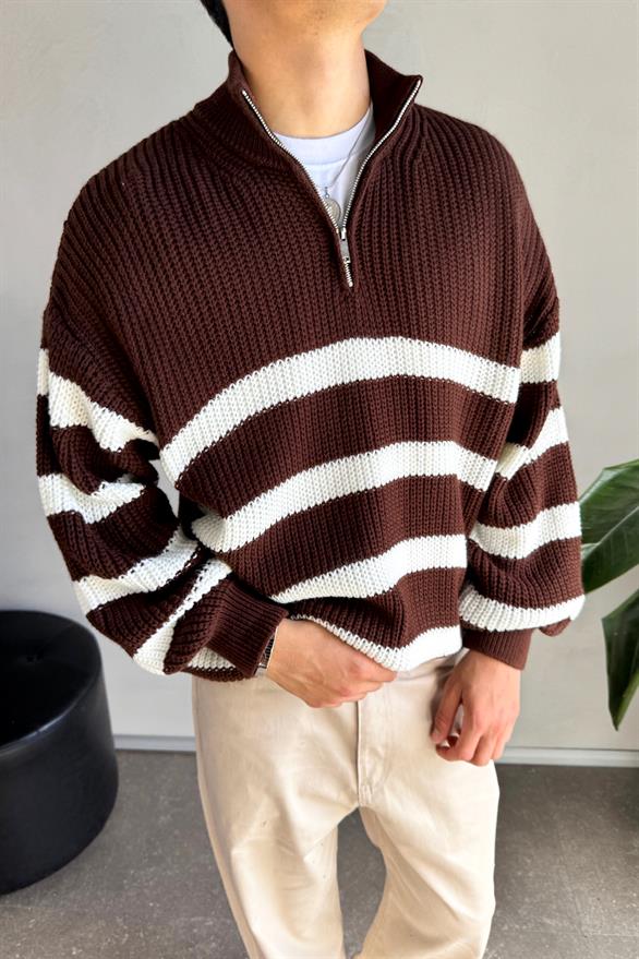Half Zip Yarım Balıkçı Kahverengi Çizgili  Kazak