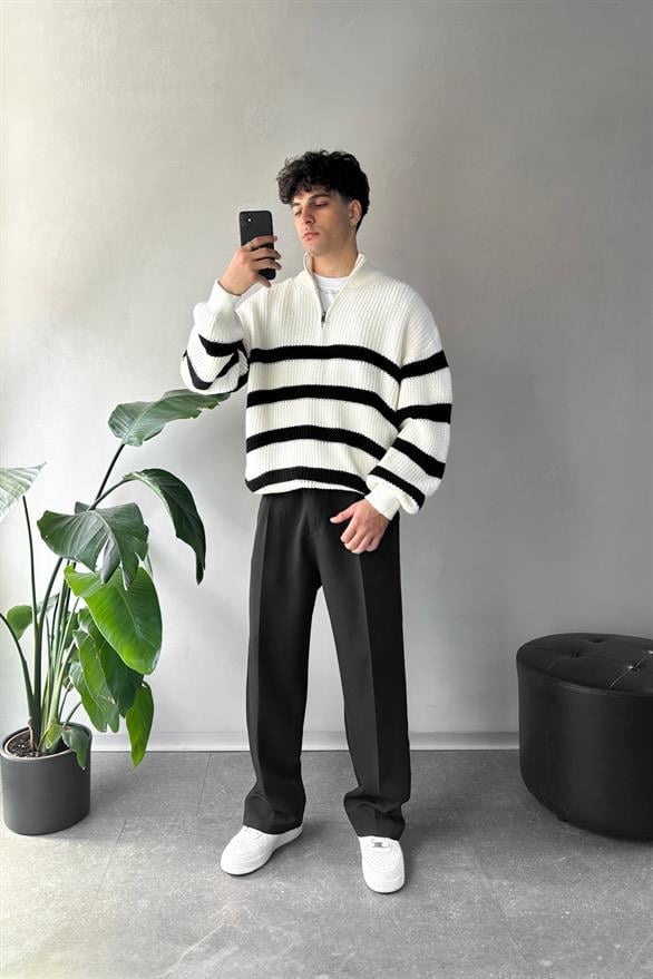 Half Zip Yarım Balıkçı Çizgili Ekru Kazak