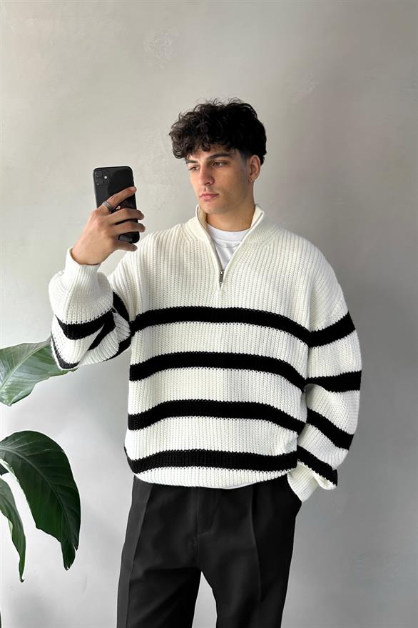 Half Zip Yarım Balıkçı Çizgili Ekru Kazak
