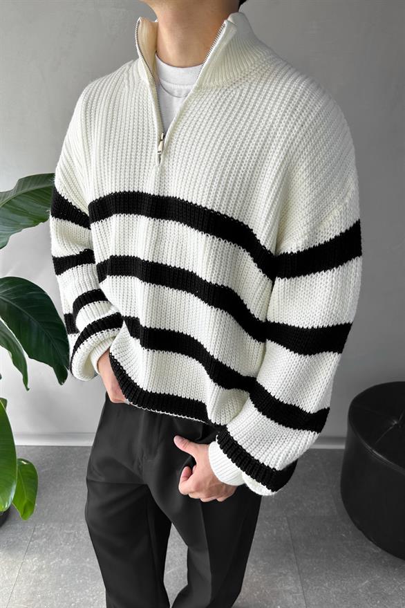 Half Zip Yarım Balıkçı Çizgili Ekru Kazak