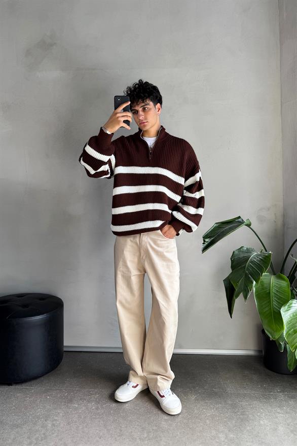 Half Zip Yarım Balıkçı Kahverengi Çizgili  Kazak