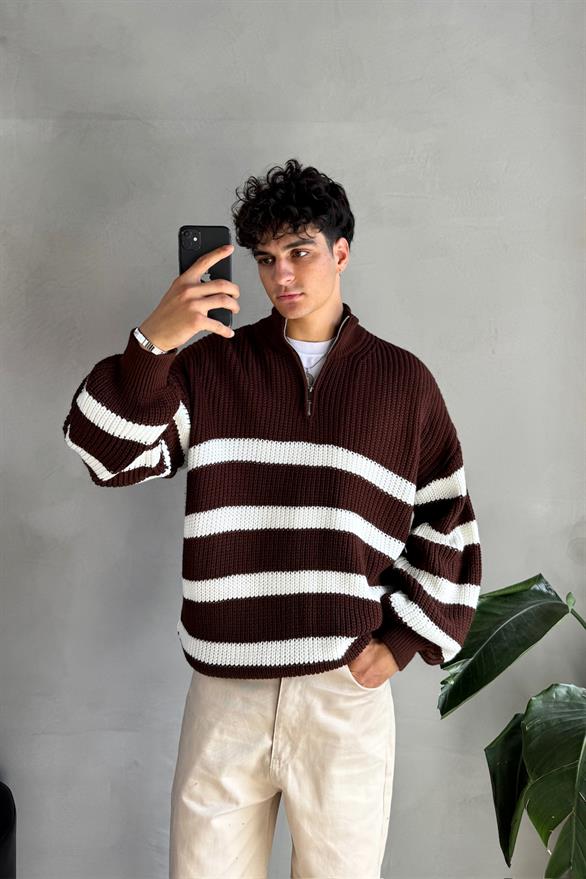 Half Zip Yarım Balıkçı Kahverengi Çizgili  Kazak