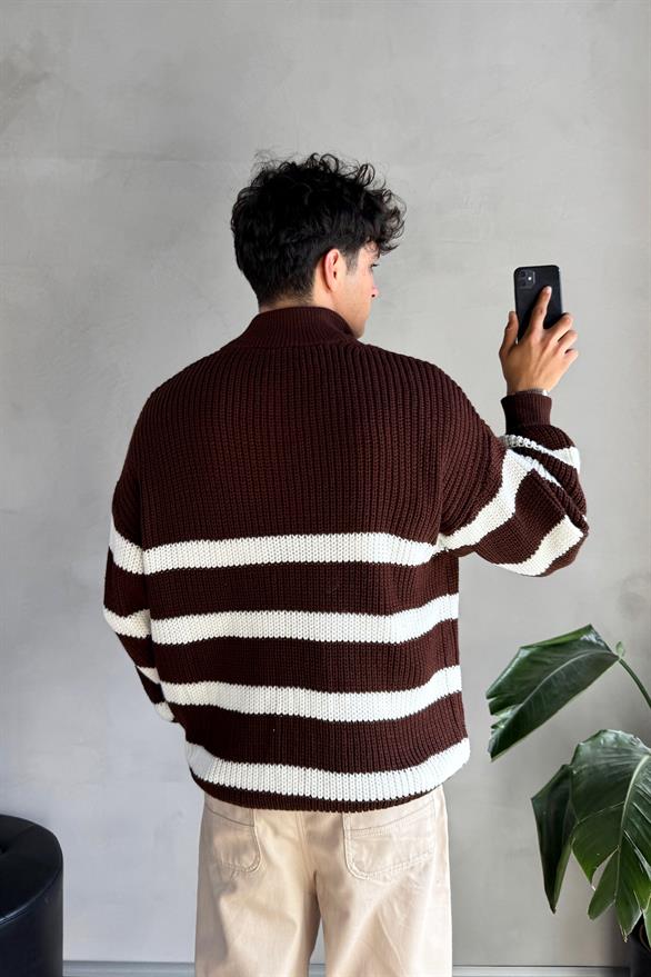 Half Zip Yarım Balıkçı Kahverengi Çizgili  Kazak