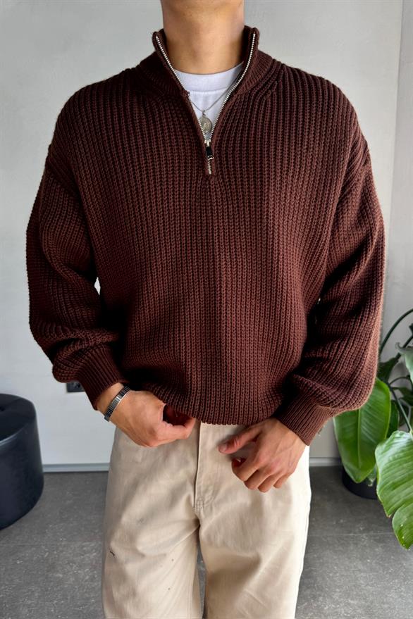 Half Zip Yarım Balıkçı Triko Kahverengi Kazak