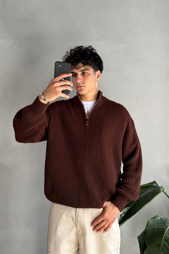 Half Zip Yarım Balıkçı Triko Kahverengi Kazak