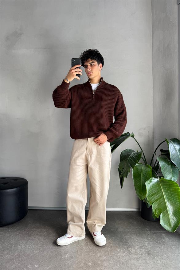 Half Zip Yarım Balıkçı Triko Kahverengi Kazak