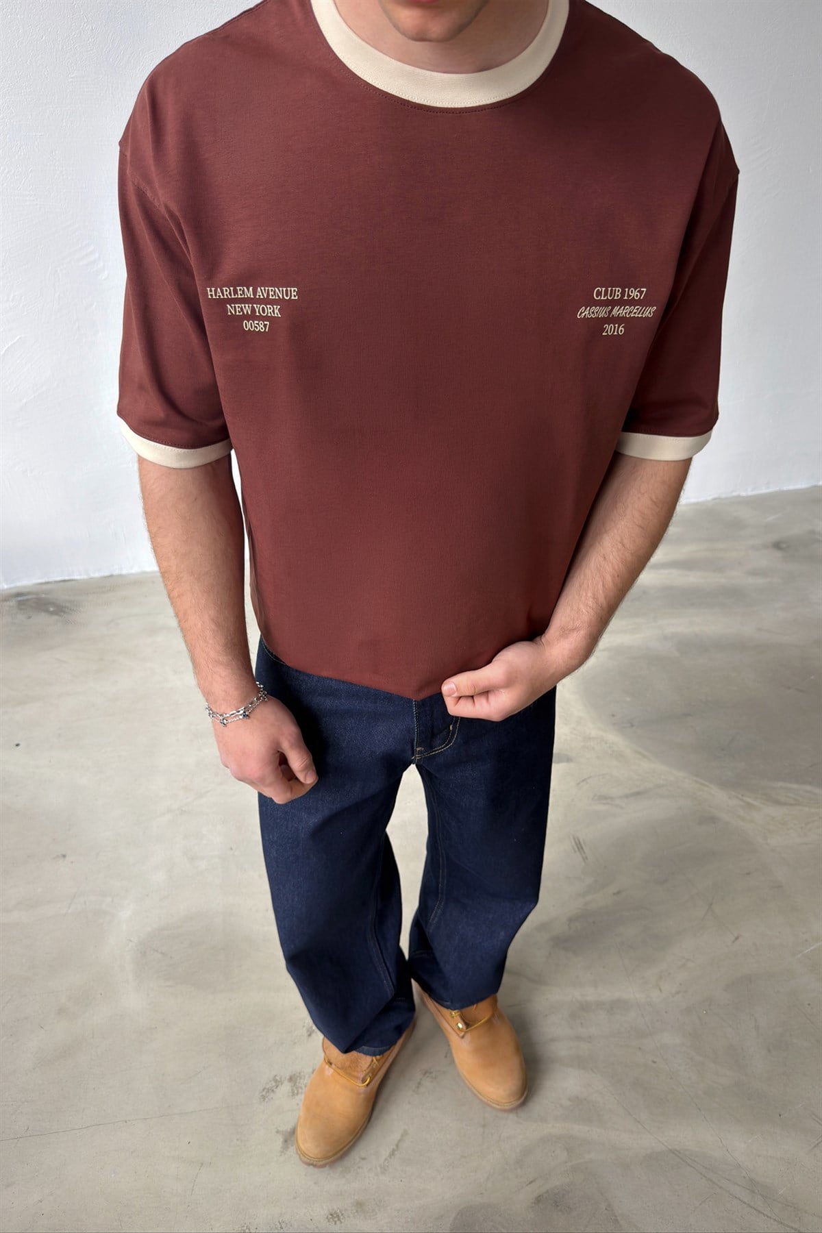 Harlem Baskılı Kahverengi Oversize Tişört