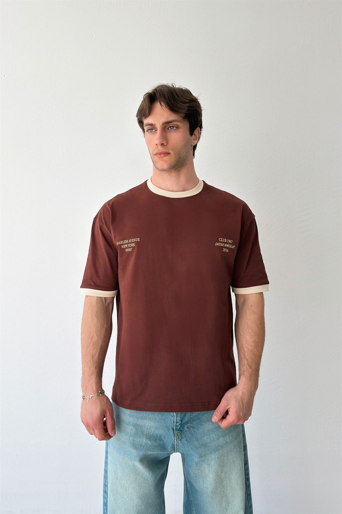 Harlem Baskılı Kahverengi Oversize Tişört