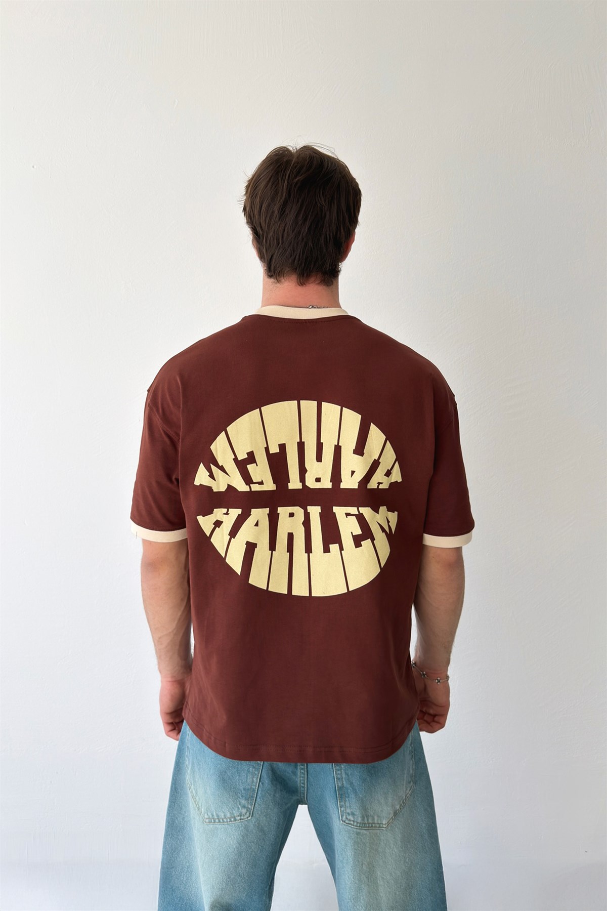 Harlem Baskılı Kahverengi Oversize Tişört