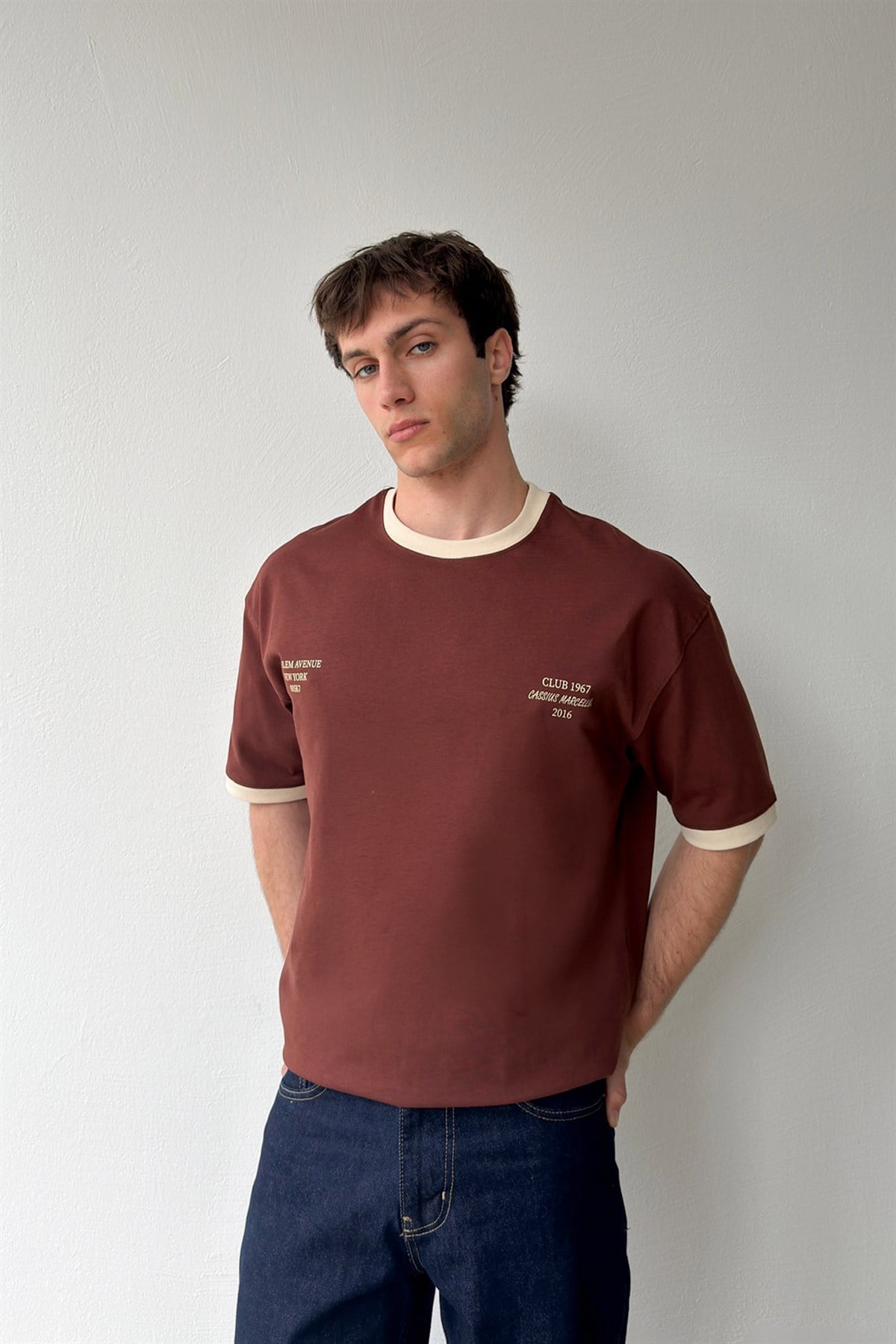 Harlem Baskılı Kahverengi Oversize Tişört