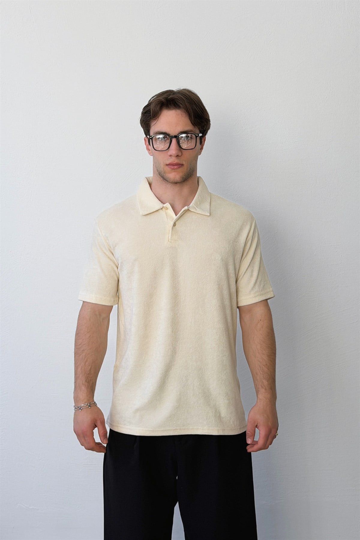 Havlu Kumaş Polo Yaka Düğmeli Tişört