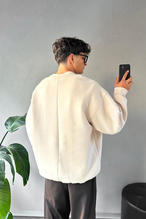 Heart Nakışlı Bisiklet Yaka Bej Sweatshirt