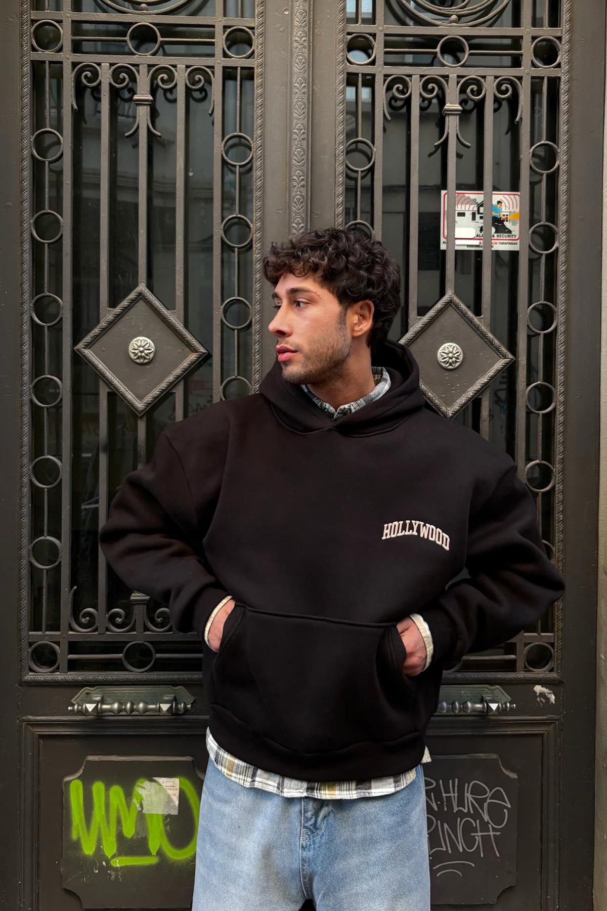 Hollywood Nakışlı Hoodie Siyah