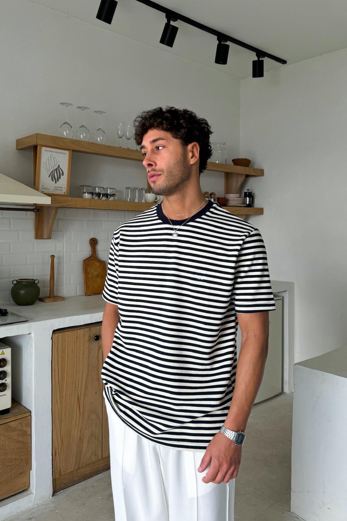 Human Nakışlı Çizgili Tişört Lacivert