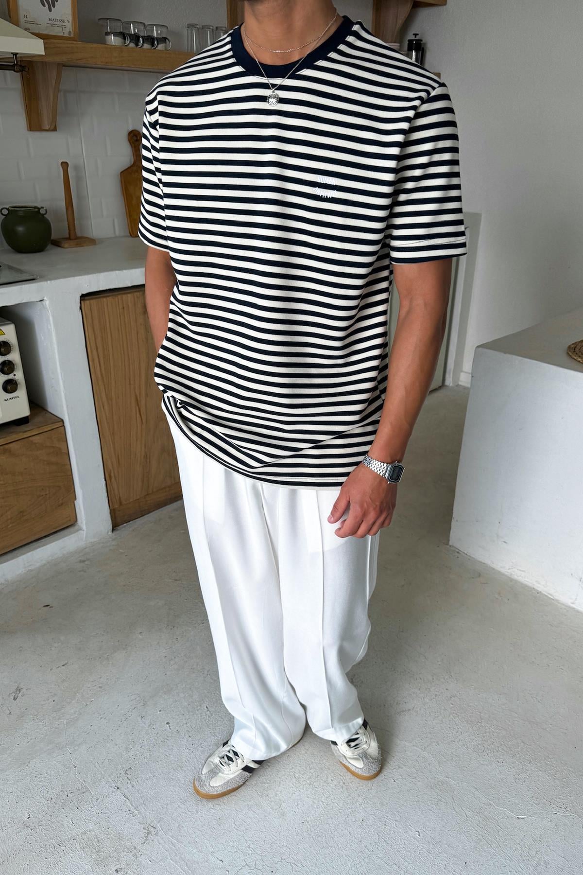 Human Nakışlı Çizgili Tişört Lacivert