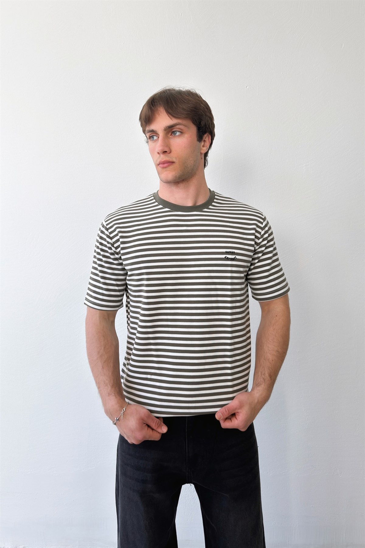 Human Nakışlı Çizgili Tişört Haki