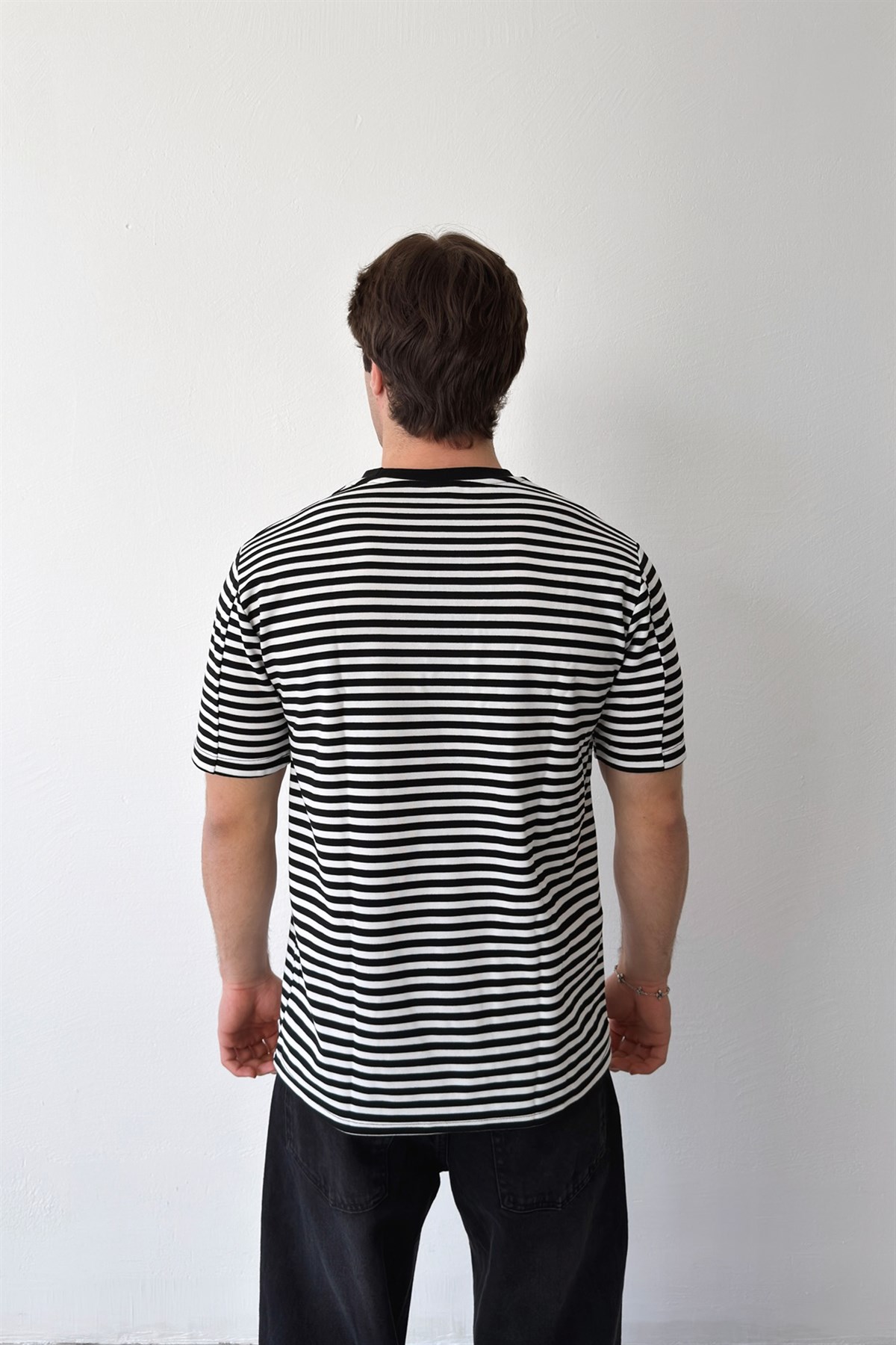 Human Nakışlı Çizgili Tişört Siyah