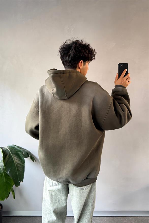 Humans Baskılı Haki Oversize Hoodie