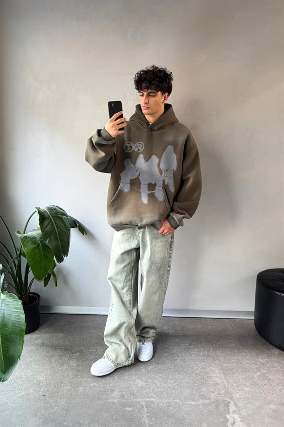 Humans Baskılı Haki Oversize Hoodie