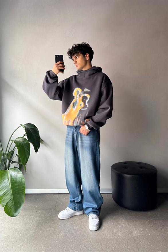 Humans Baskılı Antrasit Oversize Hoodie