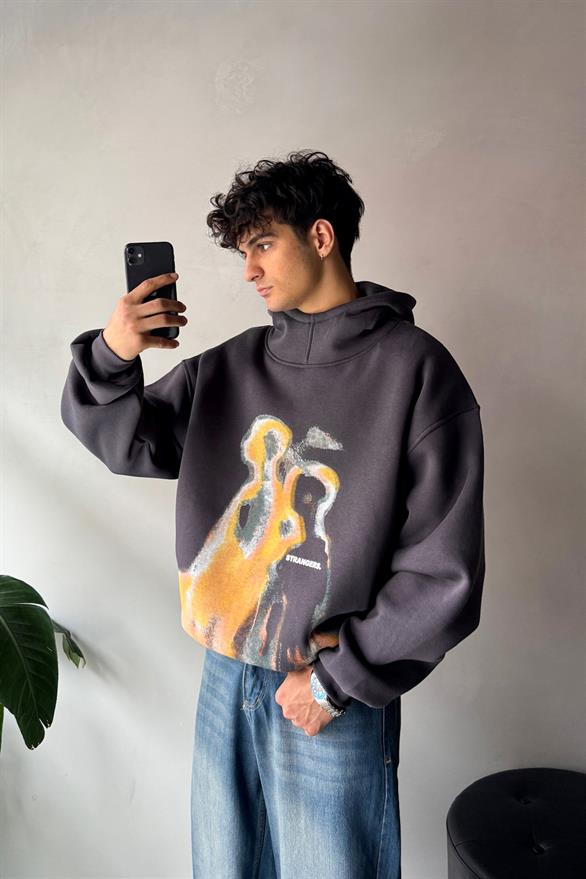 Humans Baskılı Antrasit Oversize Hoodie