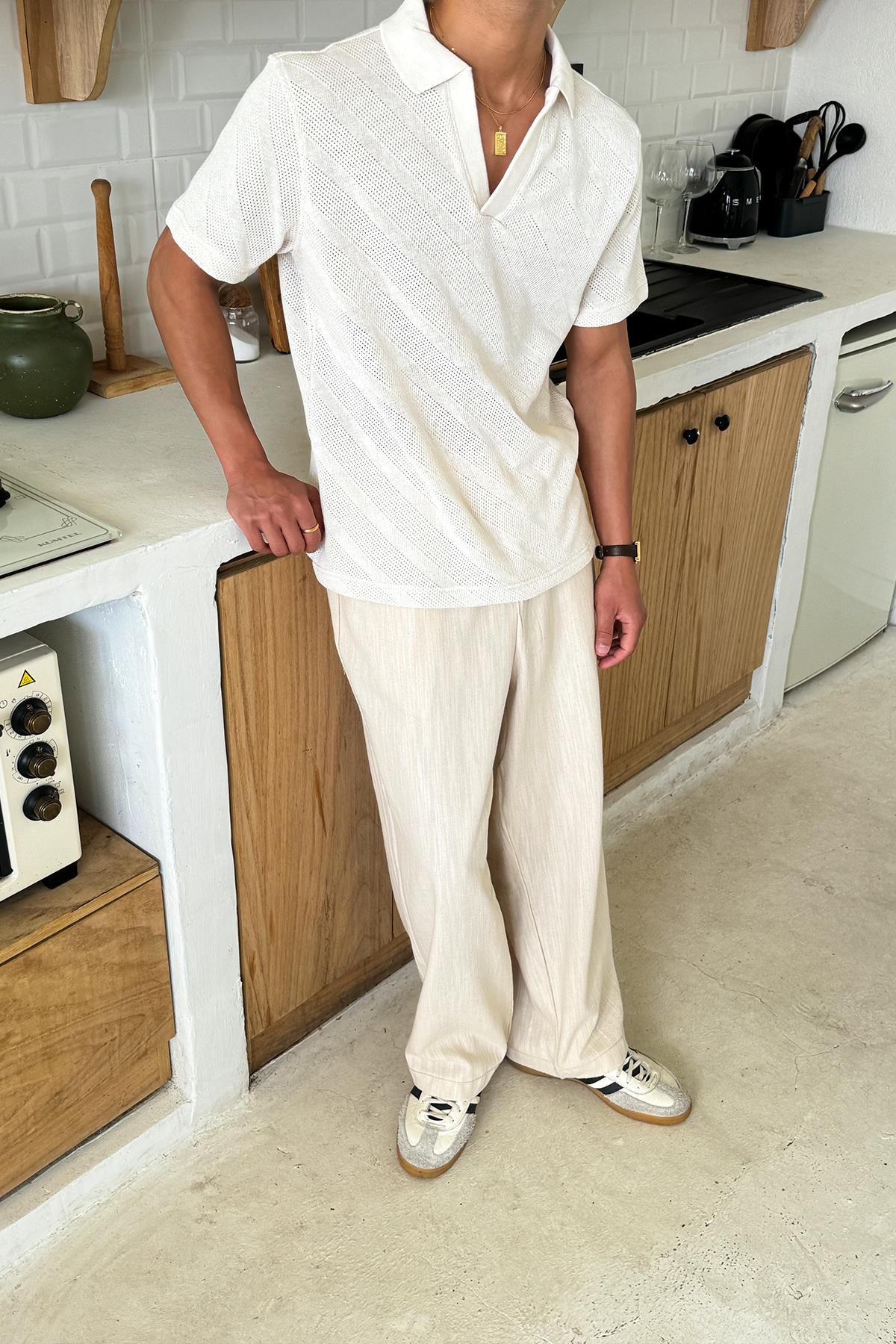 Jakarlı Polo Yaka Tişört Ekru