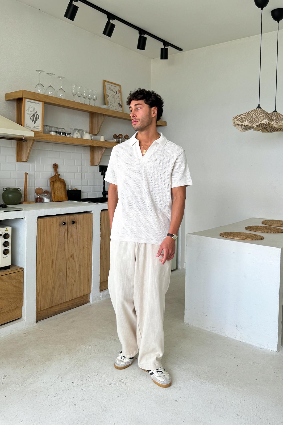 Jakarlı Polo Yaka Tişört Ekru