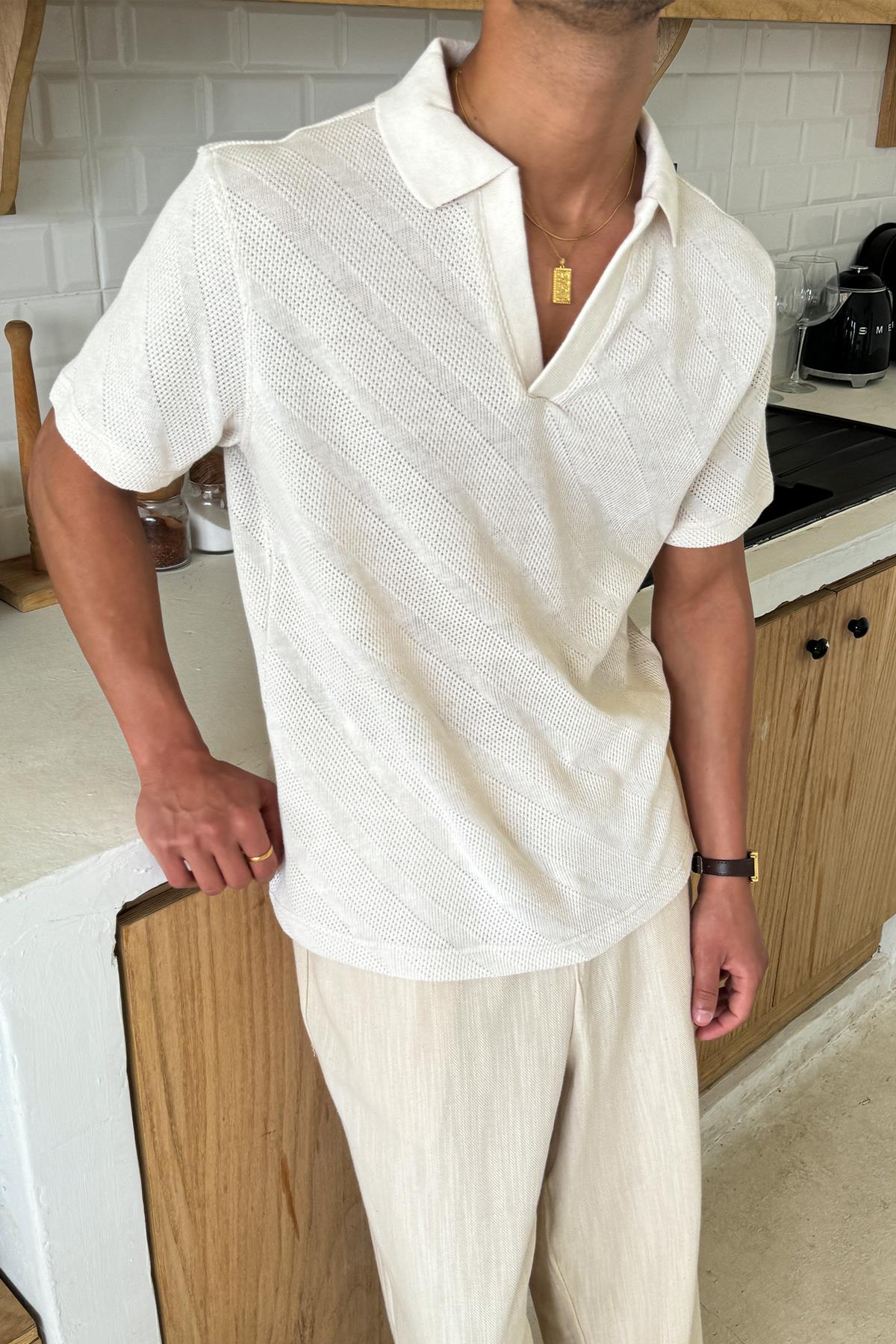 Jakarlı Polo Yaka Tişört Ekru