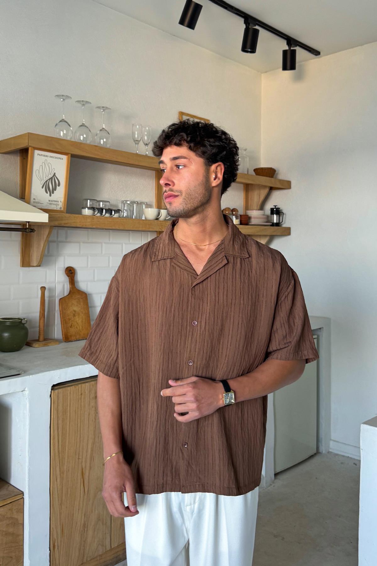 Kahverengi Kısa Kollu Cizgili Oversize Gömlek