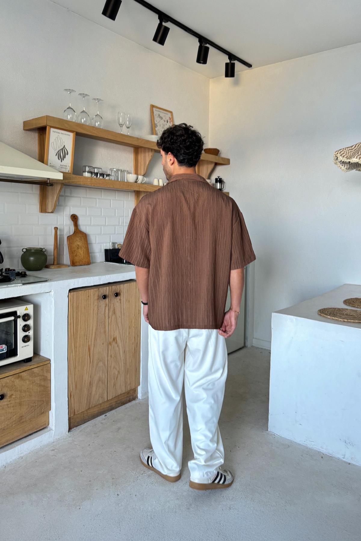 Kahverengi Kısa Kollu Cizgili Oversize Gömlek