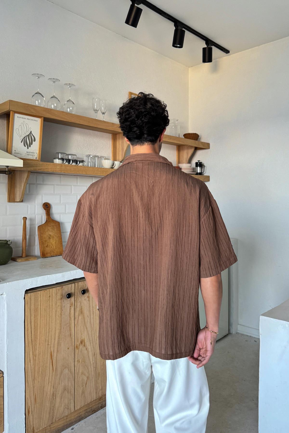 Kahverengi Kısa Kollu Cizgili Oversize Gömlek