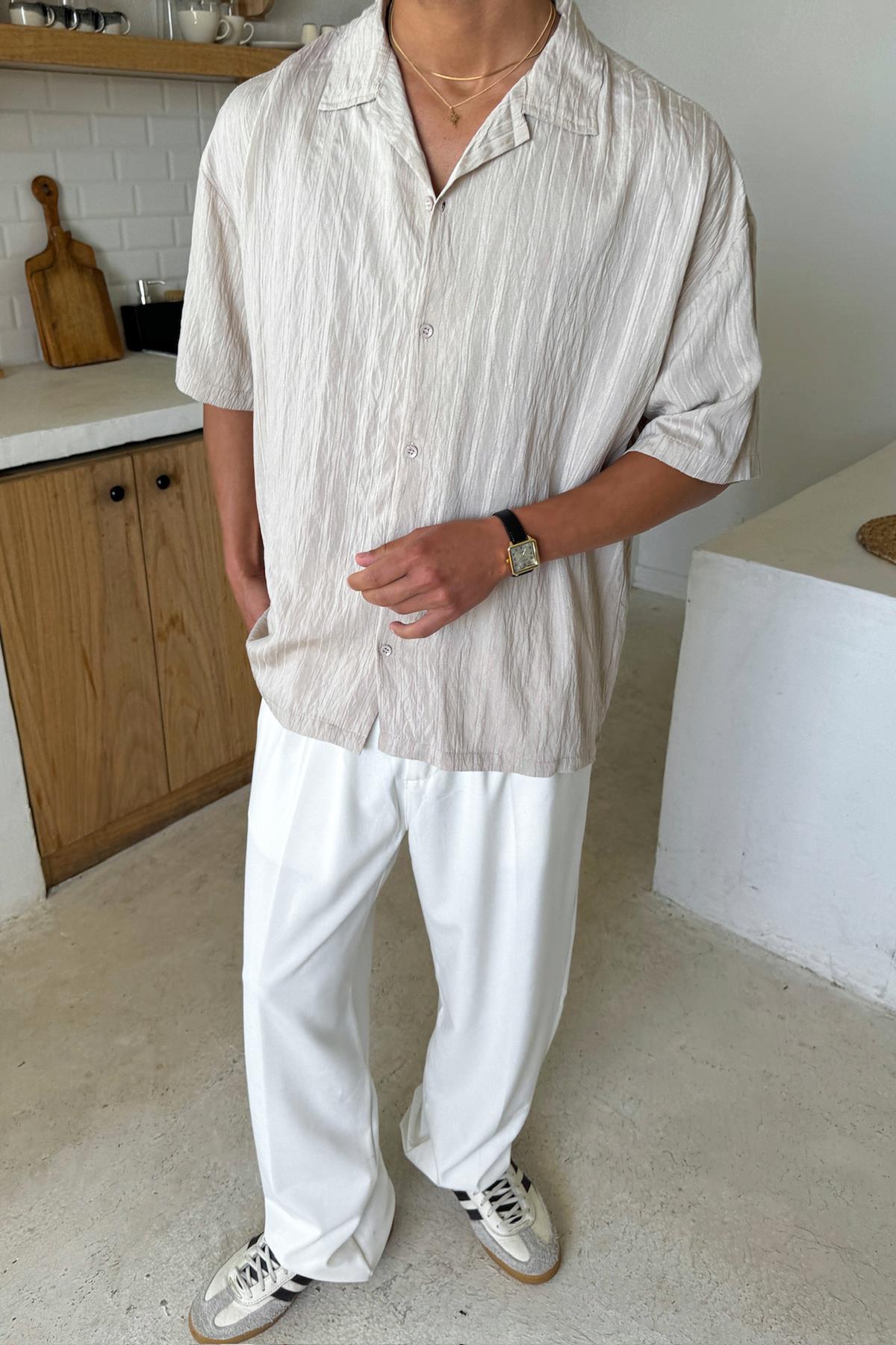 Krem Kısa Kollu Cizgili Oversize Gömlek