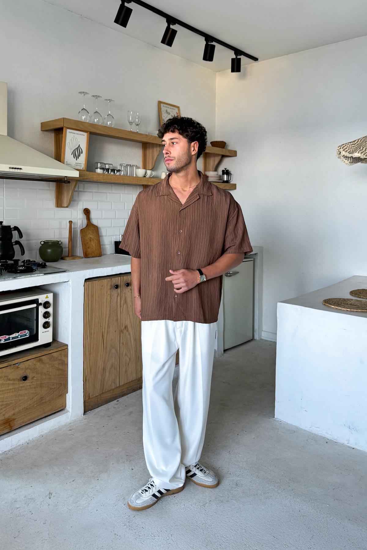 Kahverengi Kısa Kollu Cizgili Oversize Gömlek