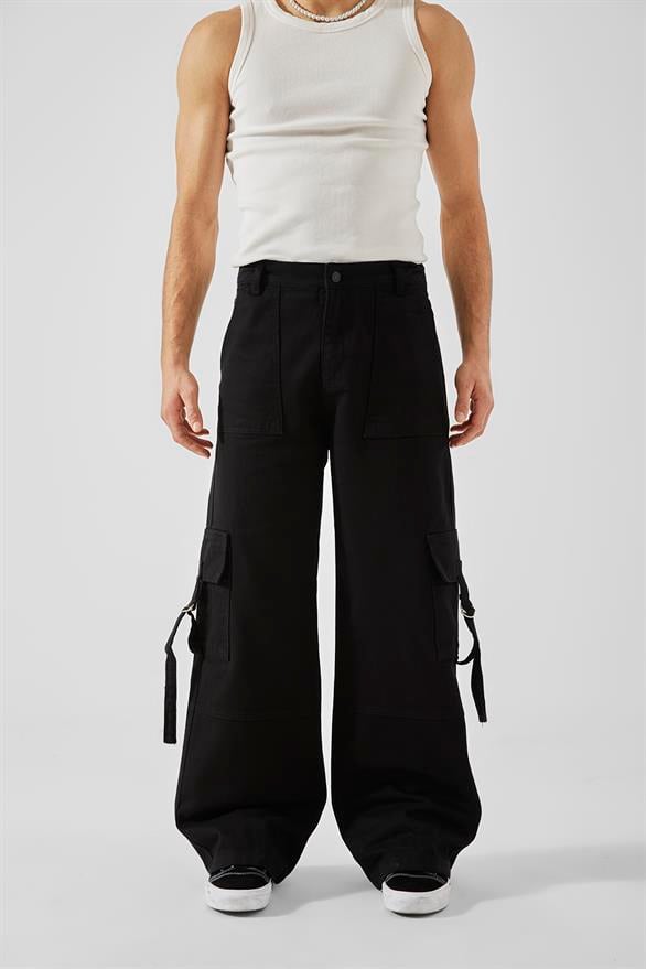 Kargo Cep Detaylı Siyah Baggy Jean