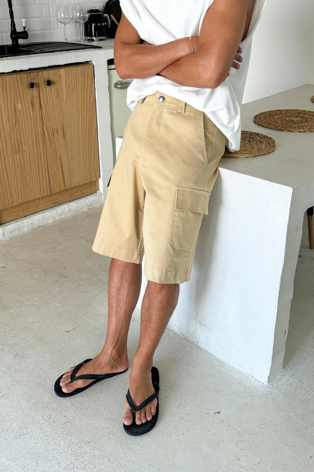 Camel Kargo Cepli Gabardin Şort Bej