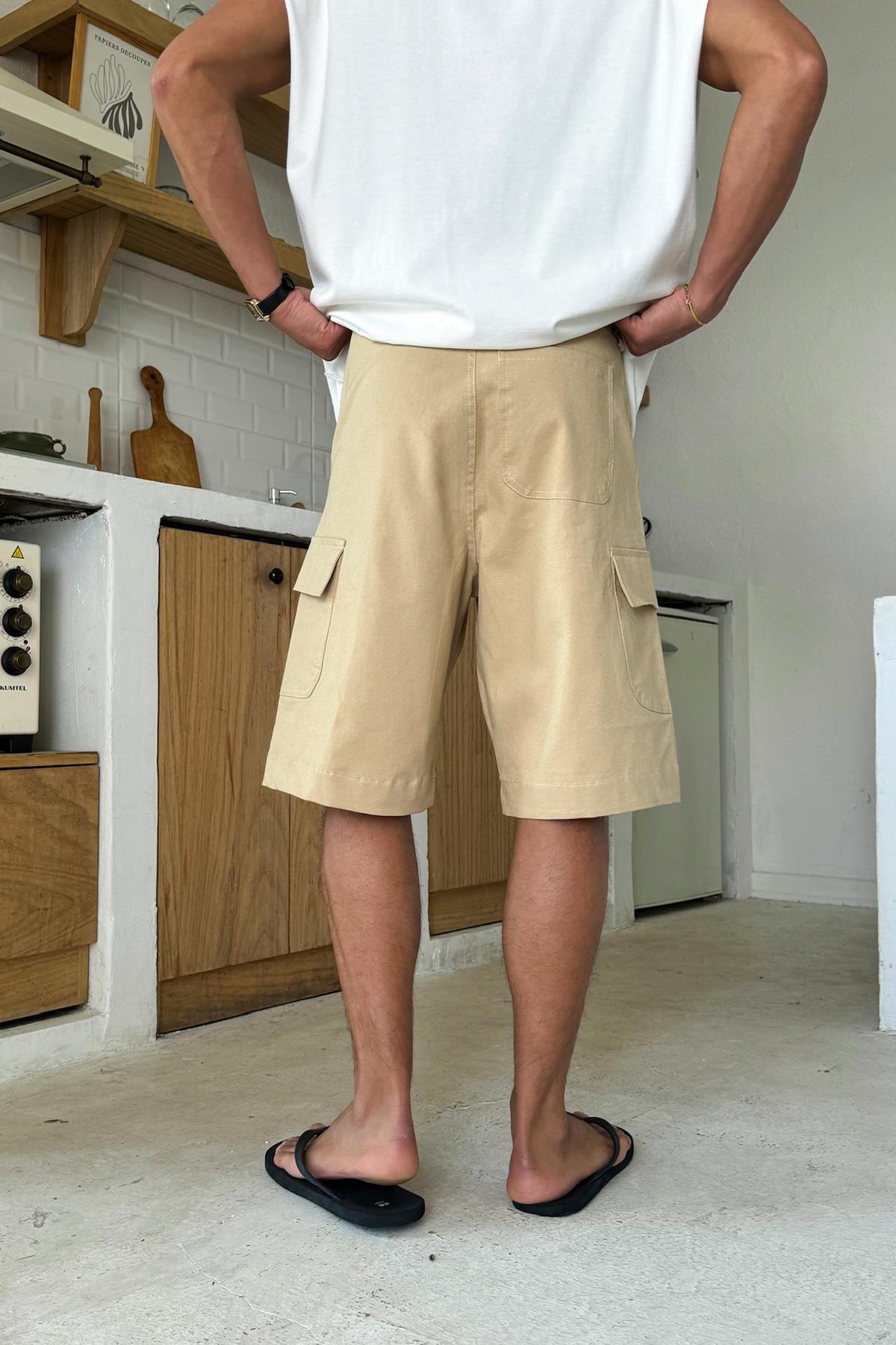 Camel Kargo Cepli Gabardin Şort Bej