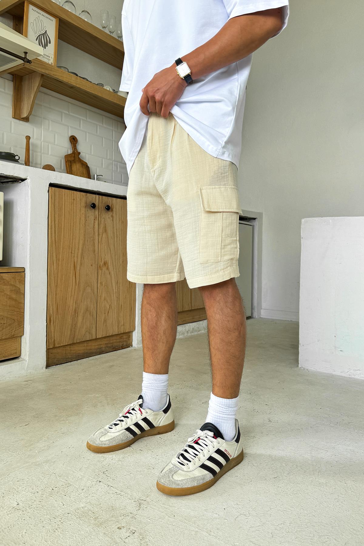 Krem Kargo Cepli Şort Bej