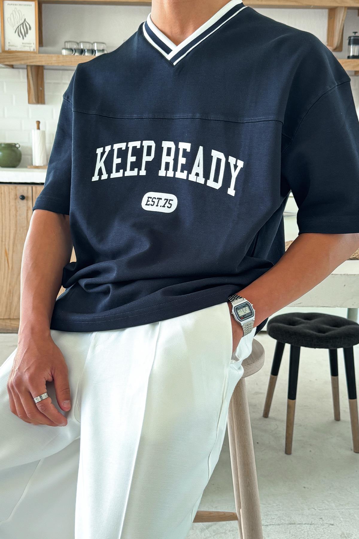 Lacivert Keep Ready V Yaka Tişört