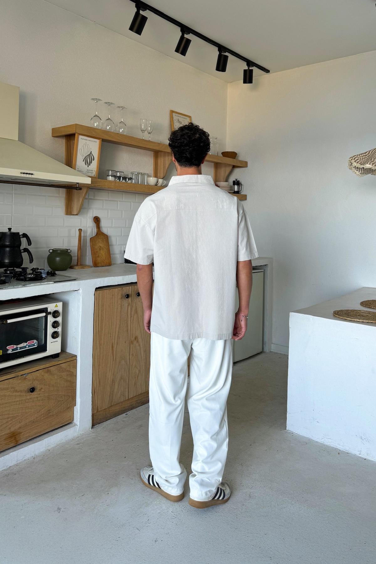 Keten Oversize Kısa Kol Gömlek Taş Rengi