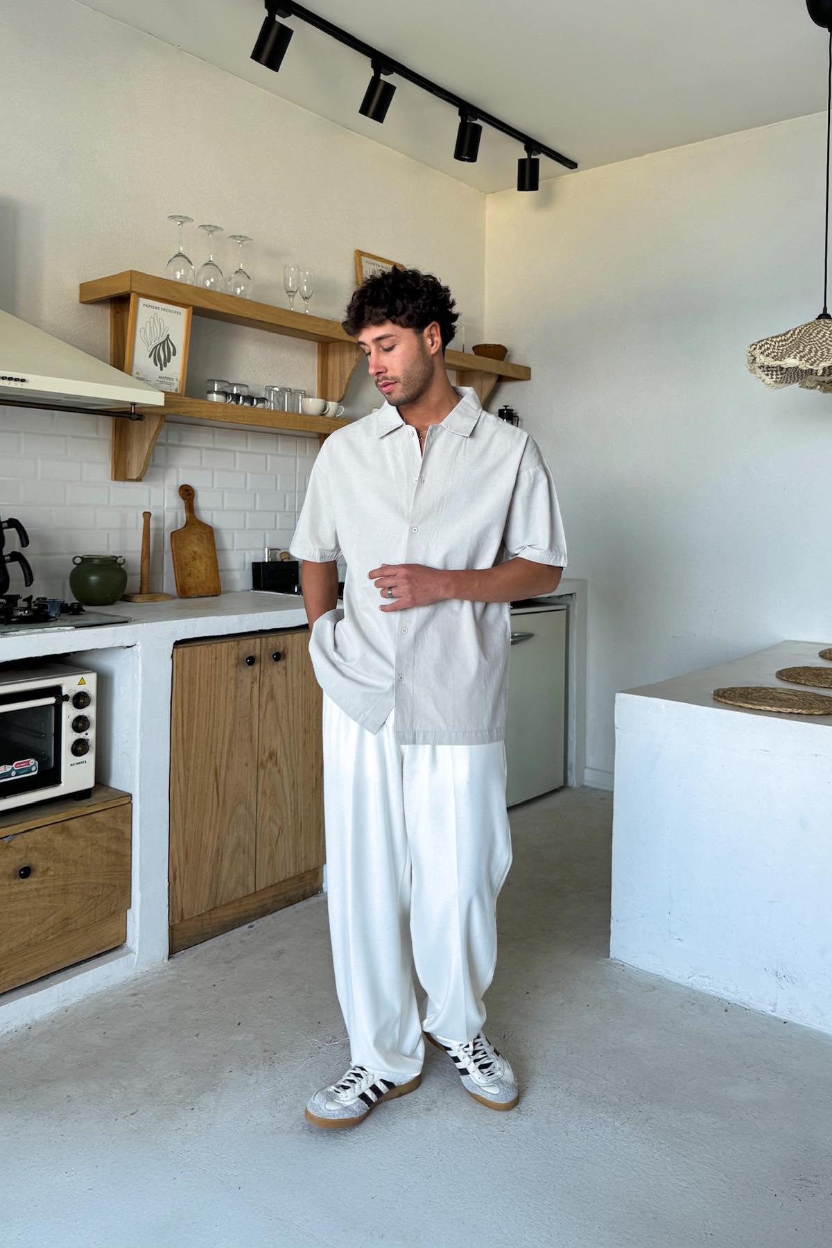 Keten Oversize Kısa Kol Gömlek Taş Rengi