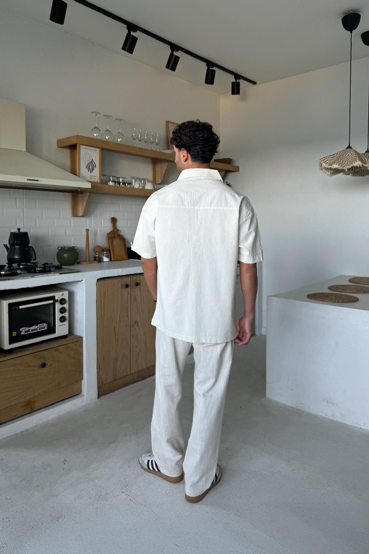 Krem Keten Oversize Kısa Kol Gömlek