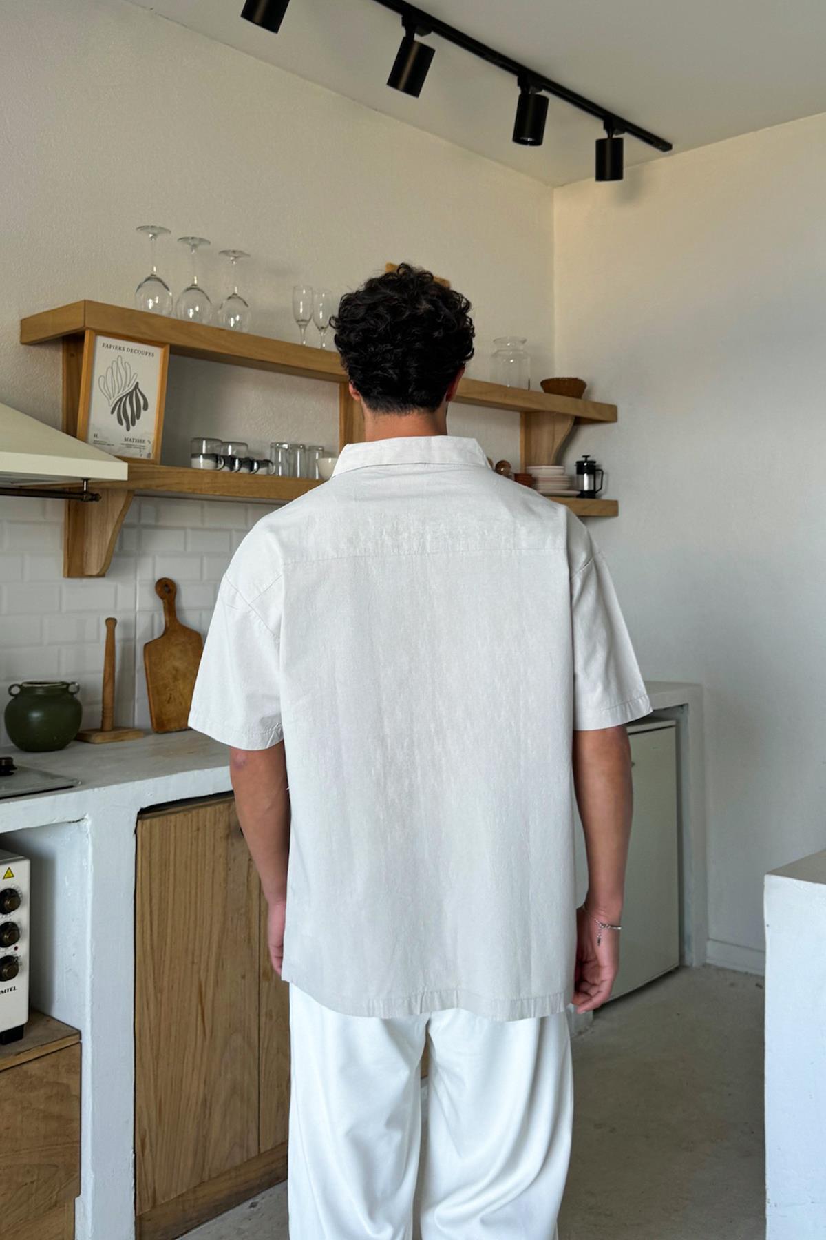 Keten Oversize Kısa Kol Gömlek Taş Rengi