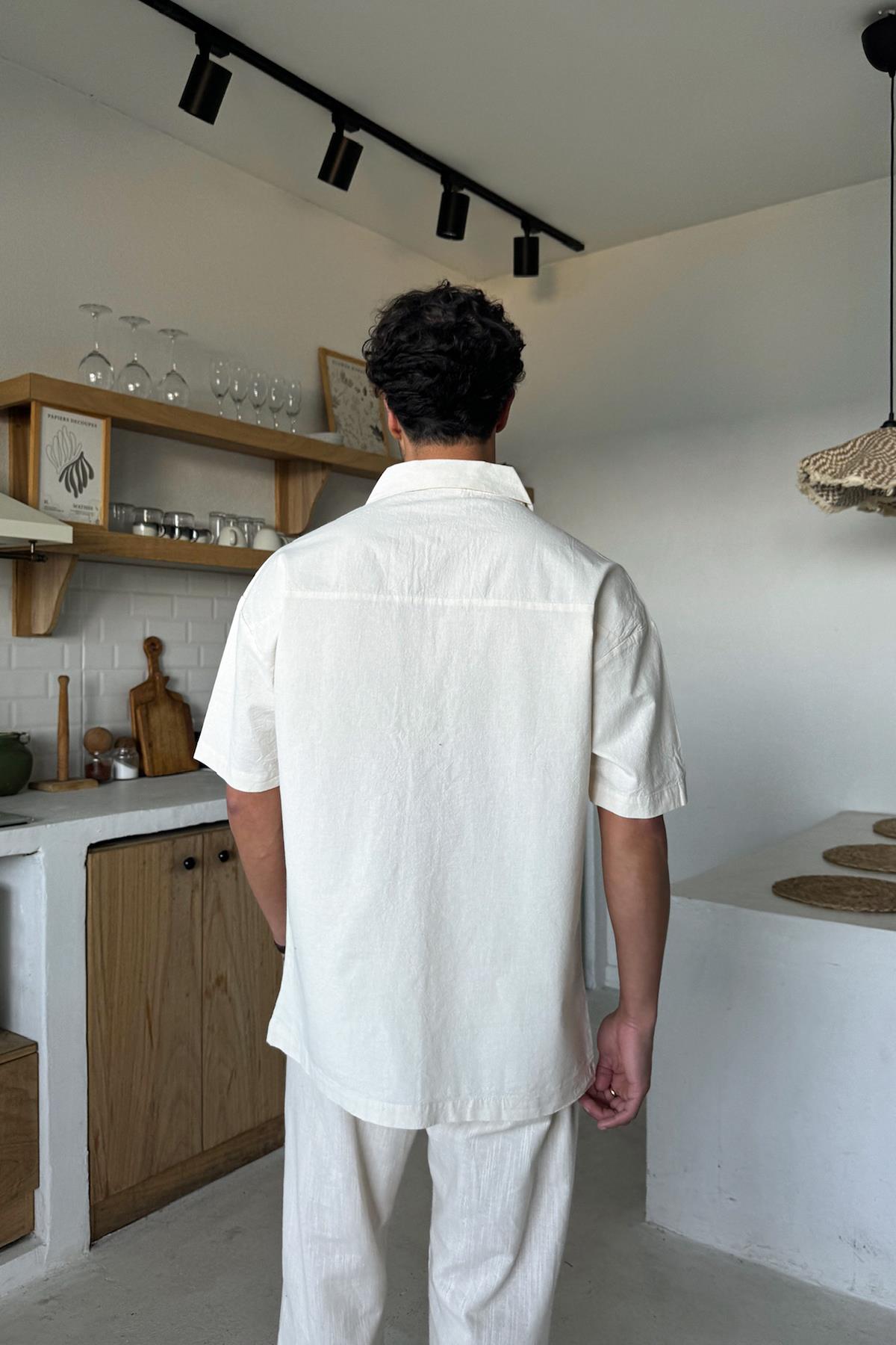 Krem Keten Oversize Kısa Kol Gömlek